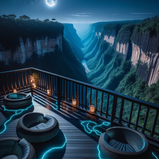 A peaceful, moonlit observation platform overlooking a vast canyon. Dark balustrades are decorated with glowing vines, and seating includes both classic stone benches and modern, lit lounges. The canyon below features radiant caves and waterfalls.