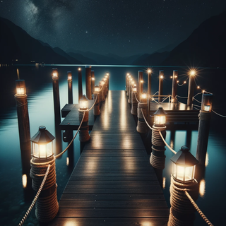 A somber dock under a starlit sky, located in a secluded bay. The platform, constructed of dark wooden planks, features both classic rope lanterns and sleek, lit posts. The placid waters mirror the celestial expanse and the numerous lights from the dock.