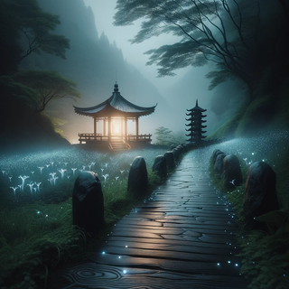 A peaceful, shadowy mountain trail during a misty evening. The path, adorned with luminous plants, leads to a classic stone pagoda which stands adjacent to a modern, illuminated gazebo. The surrounding mist scatters the glow, creating a dreamlike atmosphere.