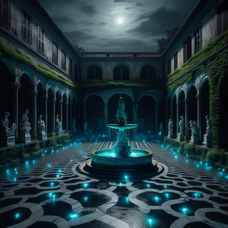 A tranquil, moonlit courtyard situated within an abandoned mansion. The ground is paved with dark marble tiles, and a central fountain shimmers with luminescent water. Historical statues contrast with contemporary, glowing art installations, all surrounded by walls draped in ivy that sparkles at the tips.