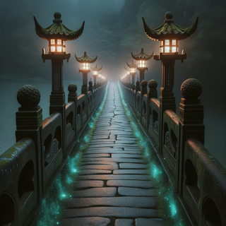 A dark, mystical bridge on a foggy night. Made of ancient stone, it stretches across a serene river and is decorated with radiant moss. Both traditional stone lanterns and modern illuminated bollards line the sides, casting a gentle light on the pathway.