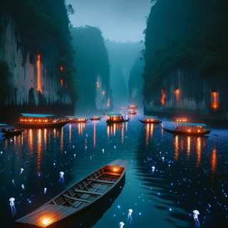 A serene lagoon during a misty twilight. The calm waters feature glowing jellyfish, and vehicles range from traditional wooden boats to modern, lit rafts. The adjacent cliffs showcase radiant caves and waterfalls.