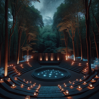 A somber, starlit amphitheater nestled within a secluded woodland. Dark stone seating surrounds a spotlighted central stage, which is lit by both classic torches and advanced floating light panels. The nearby trees are decorated with radiant blossoms, adding to the enchanting atmosphere.