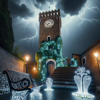 A dark, mysterious clock tower during a tempestuous night. Built from age-old bricks, it rises majestically against a lightning-lit sky, with glowing ivy clinging to its structure. In the vicinity, classic wrought-iron benches are juxtaposed with contemporary, illuminated art pieces.