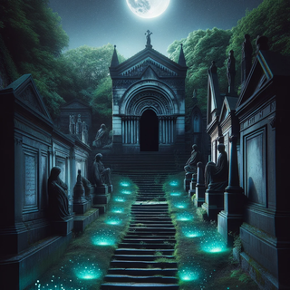 A tranquil entrance to a moonlit crypt situated in an ancient cemetery. Dark stone steps descend into the crypt, which is flanked by time-worn statues and highlighted by luminescent moss. Above, hovering orbs of light move slowly, projecting ghostly shadows.