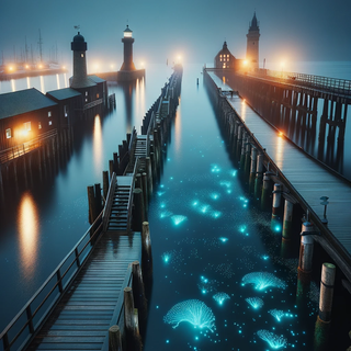 A serene harbor during a misty evening. Classic wooden docks stand alongside advanced, lit jetties, and the nearby waters are inhabited by radiant marine creatures. In the backdrop, timeless lighthouses shine brightly next to modern illuminated towers.