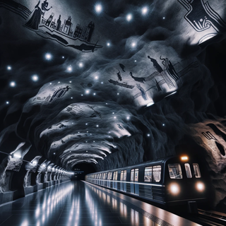 A dark, mysterious underground railway station during a silent night. The platform, crafted from age-old stone, provides a stark contrast to the sleek, lit trains. The station walls showcase radiant murals that blend traditional and futuristic imagery, all under a soft illumination from hovering lights.