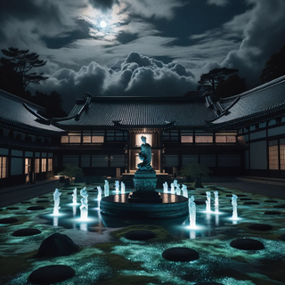 A peaceful palace courtyard on a cloud-covered night. The ground is carpeted in radiant moss, and classic stone statues are juxtaposed with sleek, illuminated water features. Occasionally, the clouds part, offering fleeting views of the moon.