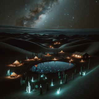 A somber oasis under a starry desert sky. The dark sands encircle a water pool mirroring the celestial dome, and luminous cacti pepper the environment. Classic tents offer sanctuary, while cutting-edge, lit sculptures act as beacons for wanderers.