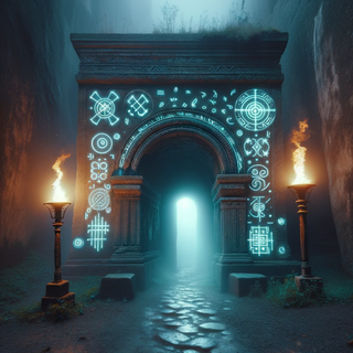 A dark, mysterious entrance to a catacomb during a foggy night. The age-old stone arch is adorned with glowing symbols and inscriptions. Next to the entrance, classic torches blaze, complemented by state-of-the-art illuminated markers. The mist seems to carry ancient stories.