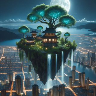 A tranquil, moonlit floating isle soaring above an expansive city. The island boasts dark earth and radiant trees, with waterfalls pouring down towards the urban landscape below. Traditional edifices on the islet stand in contrast to the gleaming skyscrapers of the metropolis.
