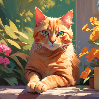 orange cat laying down with flowers