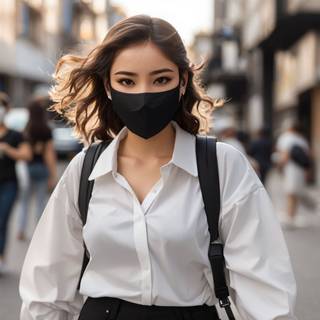 A beautiful girl in white dress wearing a black mask