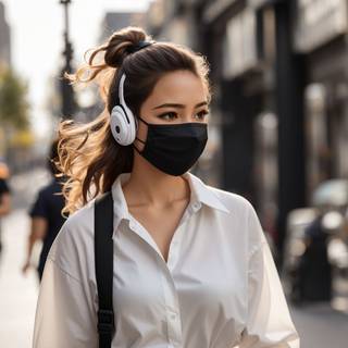A beautiful girl in white dress wearing a black mask