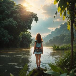 A girl standing at the edge of a river in middle of the jungle 