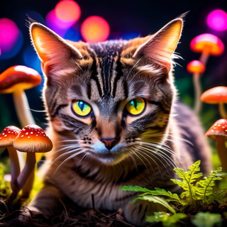 cat in a magic mushroom forest