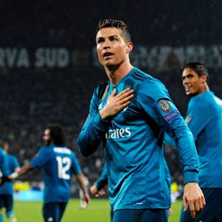 Cristiano Ronaldo celebrating looking at Georgina and the fans