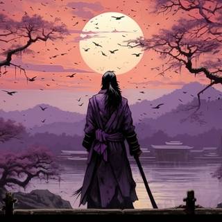 Shadowed Samurai at Sunset