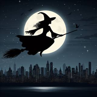 A silhouette of a witch wearing a long black dress and a pointed hat, flying on a broomstick over a city skyline at night, with a full moon and stars in the background