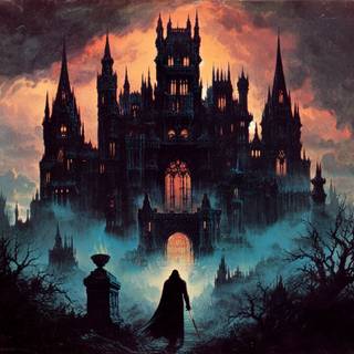 haunted castle with a dark knight in front of it, 1970s dark fantasy book cover art