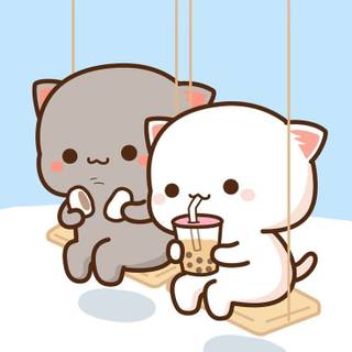 Kawaii Mochi cat with Boba and Mochi on swing