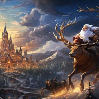 Whimsical Santa Claus Flying Over Festive Village