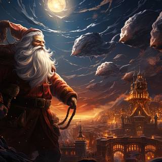 Whimsical Santa Claus Flying Over Festive Village