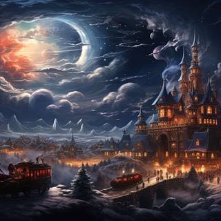 Whimsical Santa Claus Flying Over Festive Village