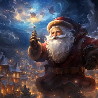 Whimsical Santa Claus Flying Over Festive Village
