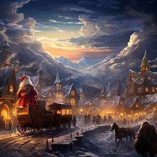 Whimsical Santa Claus Flying Over Festive Village