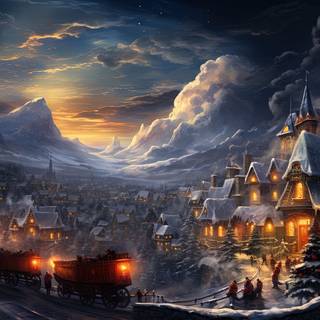 Whimsical Santa Claus Flying Over Festive Village