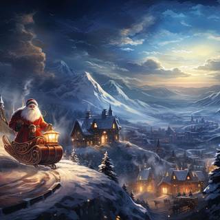 Whimsical Santa Claus Flying Over Festive Village