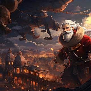 Whimsical Santa Claus Flying Over Festive Village