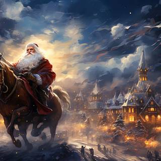 Whimsical Santa Claus Flying Over Festive Village