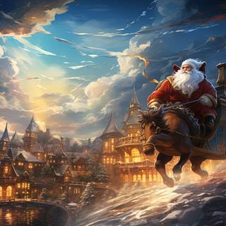 Whimsical Santa Claus Flying Over Festive Village