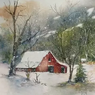 Aesthetic Winter Landscape Cabin Painting