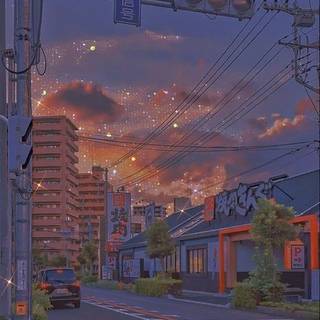 sunset sparkly Japanese city 