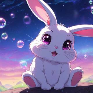 Bunny playing with galaxy bubbles