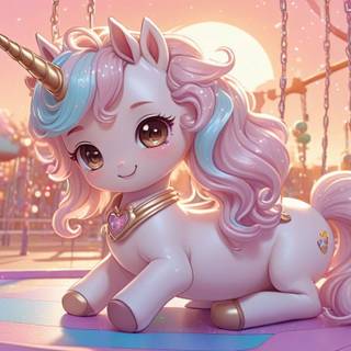 AI Kawaii unicorn playing at a sunset playground
