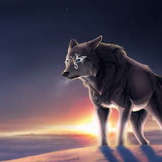 Wolf in Tundra and Moon