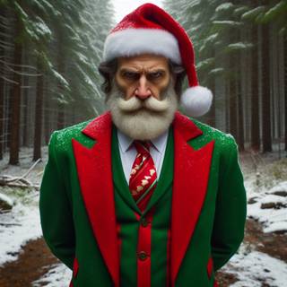 Stern looking man wearing a festive Christmas Suit