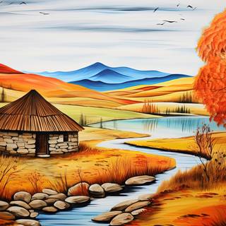 Serene Autumn Hut by the River