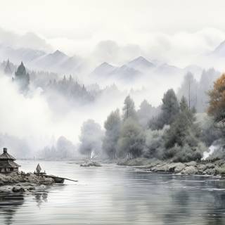 Serene Autumn Hut by the River