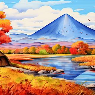 Serene Autumn Hut by the River