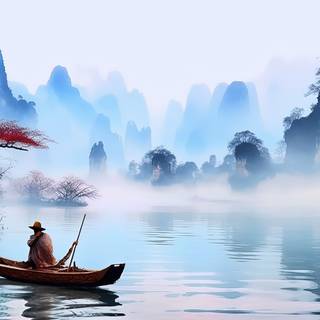 Serene Autumn Hut by the River