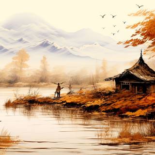 Serene Autumn Hut by the River