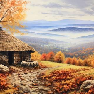 Serene Autumn Hut by the River