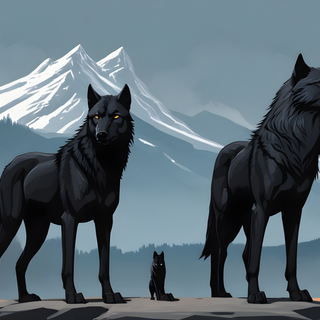 3 black wolves and mountain background 