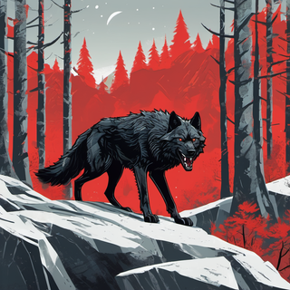 Black Wolf on rock, red forest behind