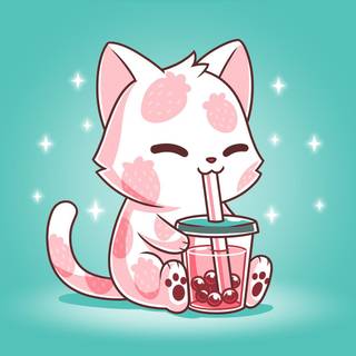 Cute Strawberry Cat Drinking Bubble Tea